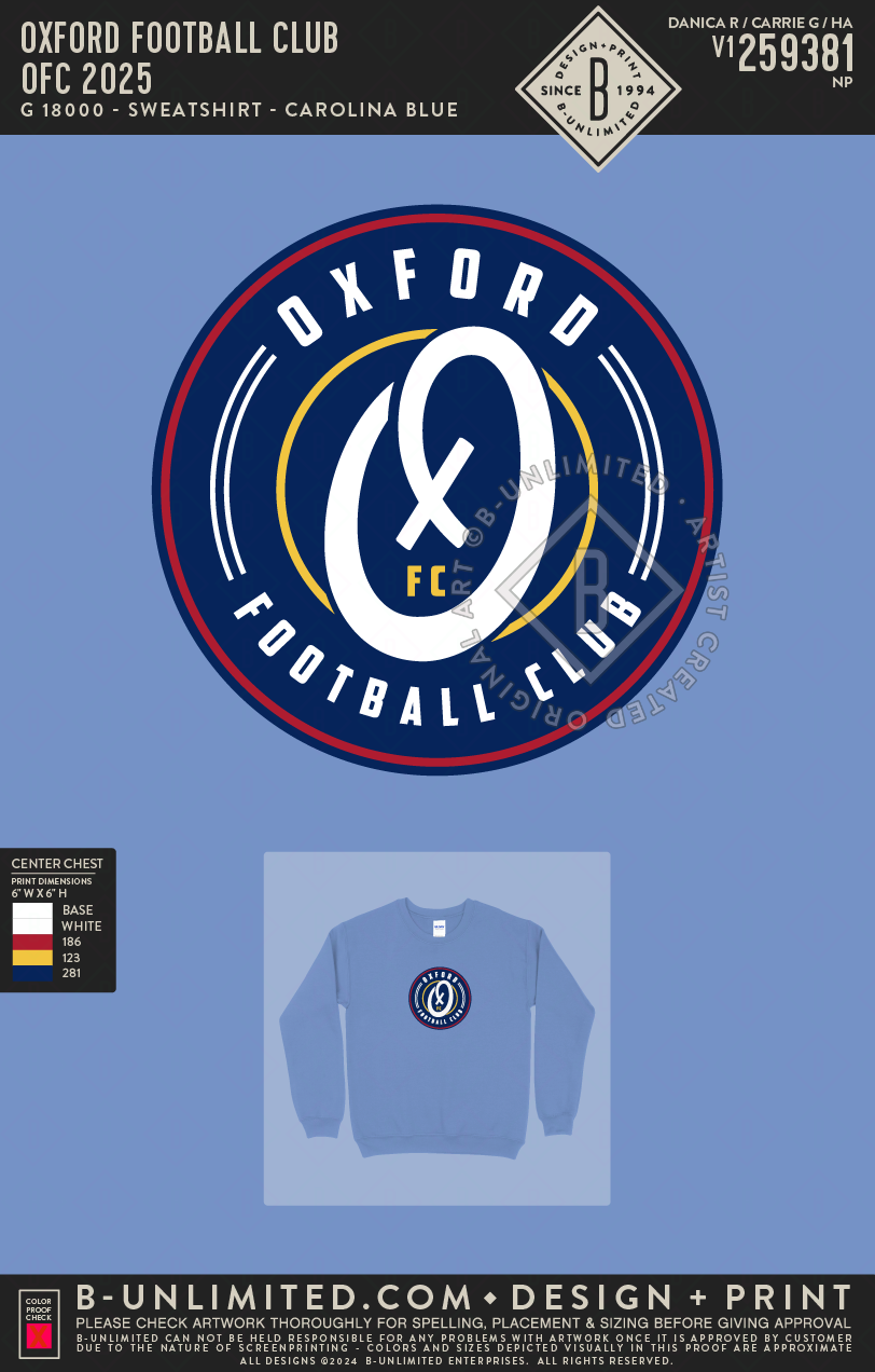 Oxford Football Club - OFC 2025 - Gildan - 18000 - Crewneck Sweatshirt - Carolina Blue
