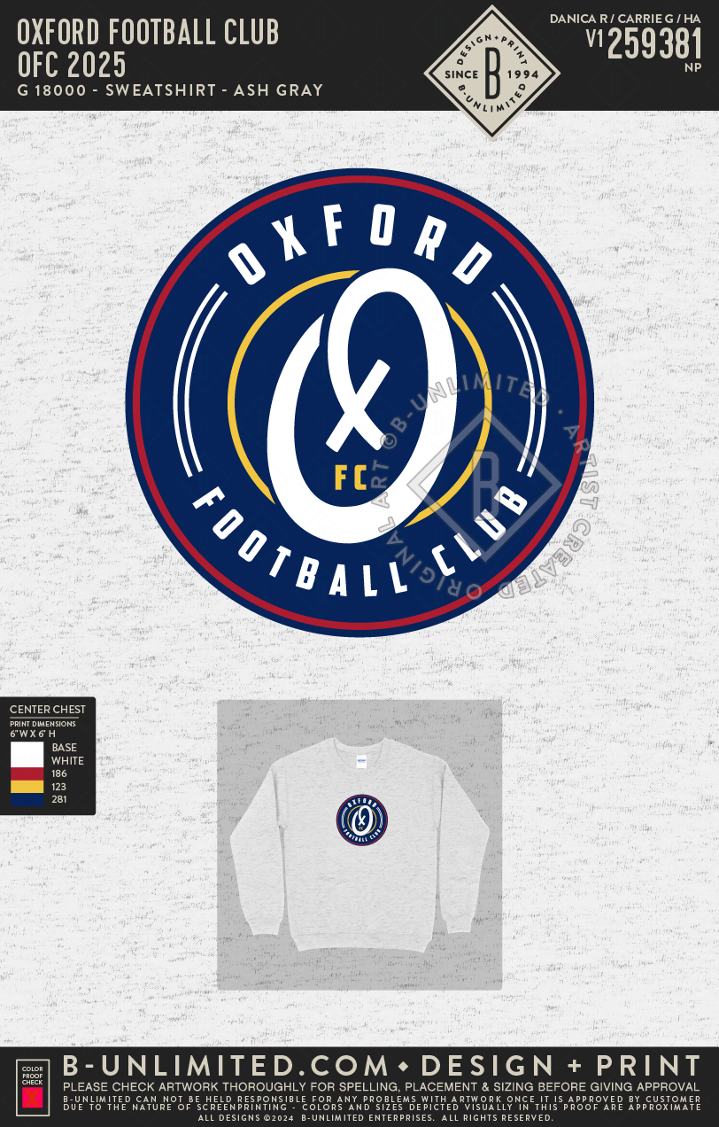 Oxford Football Club - OFC 2025 - Gildan - 18000 - Crewneck Sweatshirt - Ash Grey