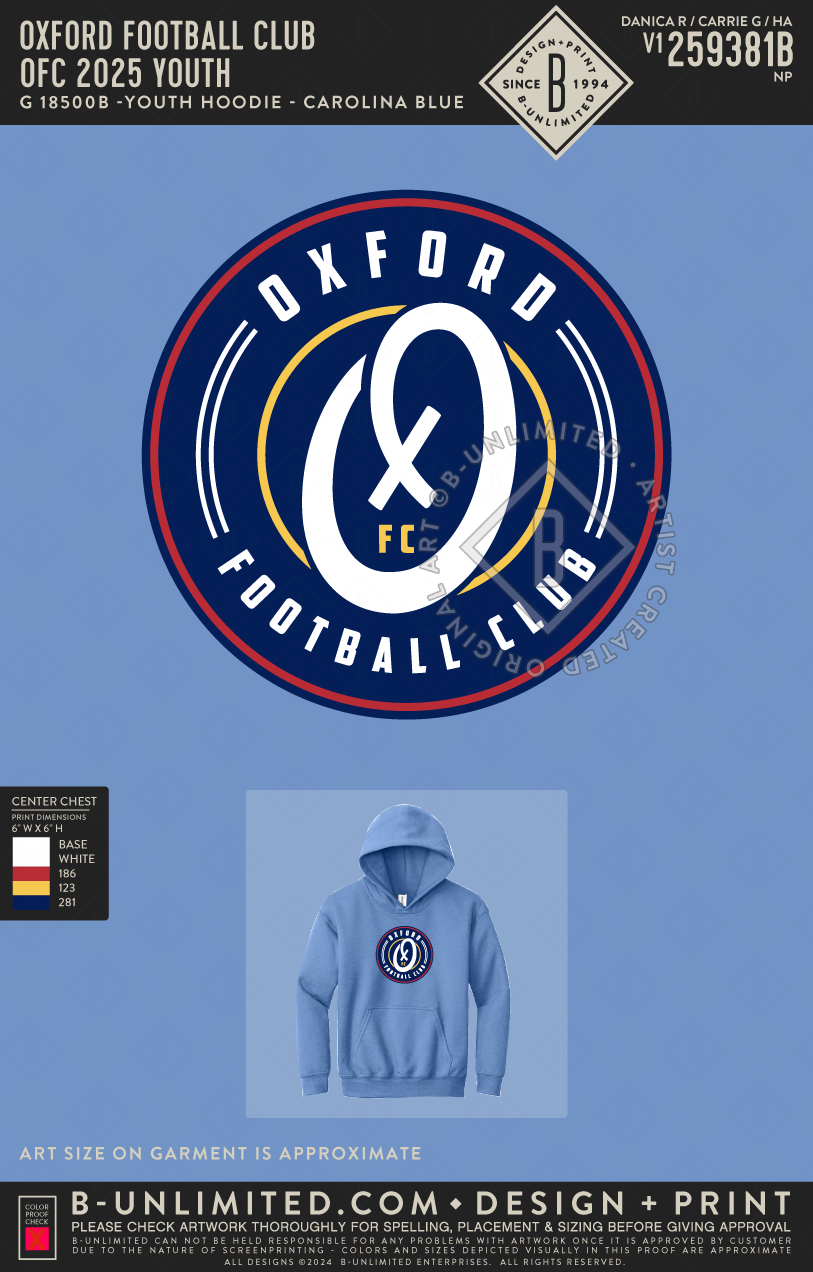 Oxford Football Club - OFC 2025 YOUTH - Gildan - 18500B - Youth Hoodie - Carolina Blue