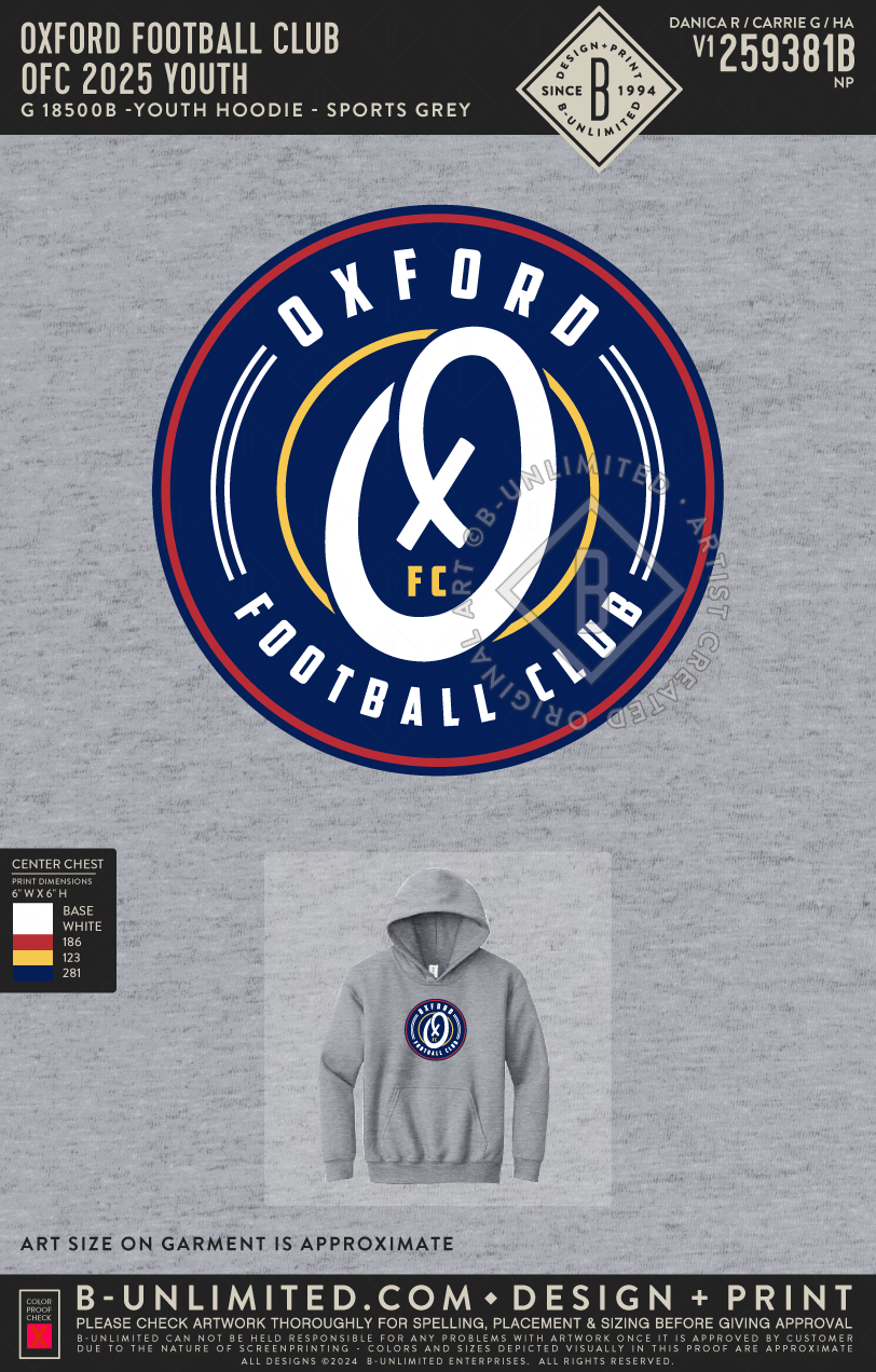 Oxford Football Club - OFC 2025 YOUTH - Gildan - 18500B - Youth Hoodie - Sport Grey