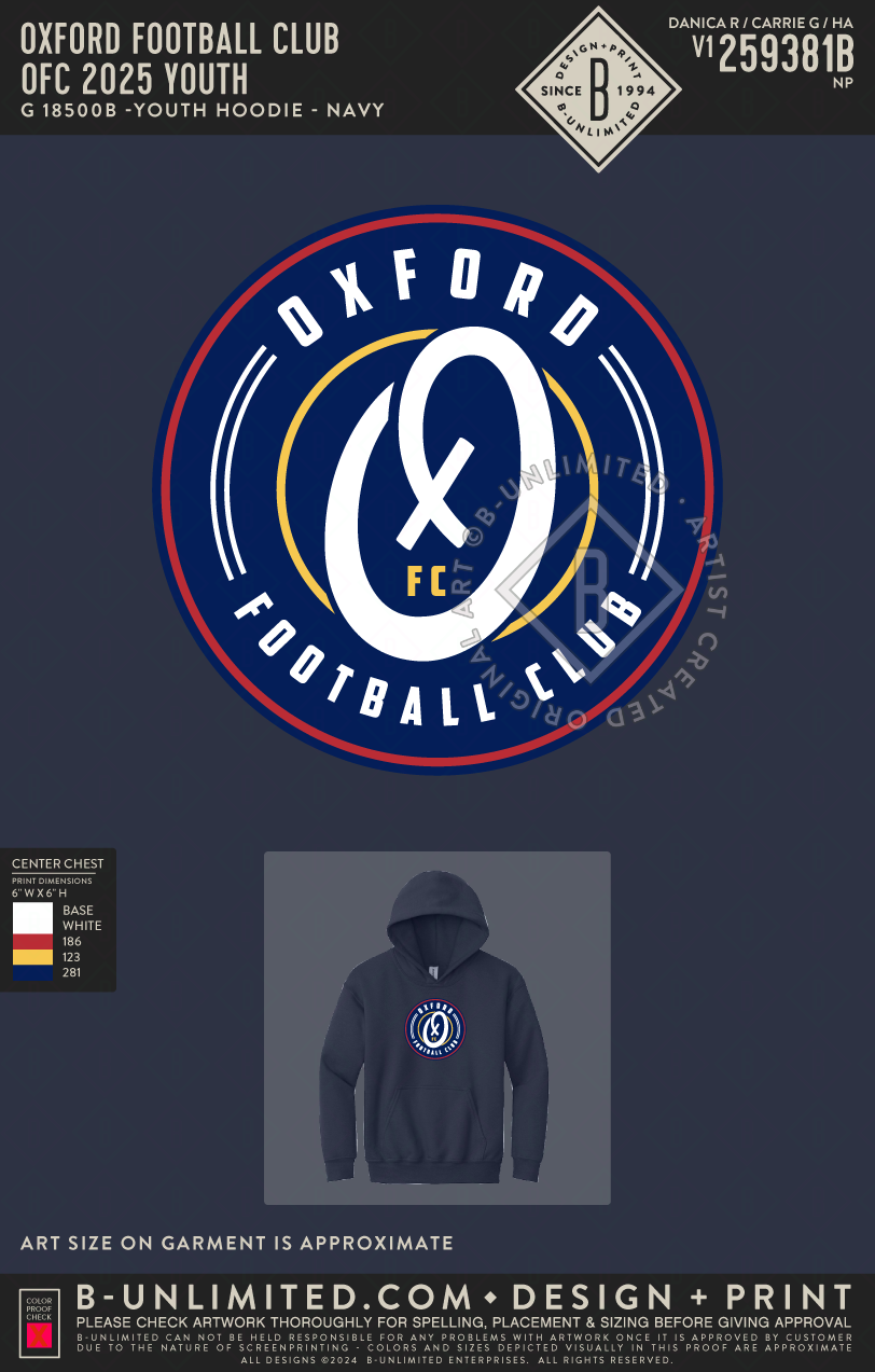 Oxford Football Club - OFC 2025 YOUTH - Gildan - 18500B - Youth Hoodie - Navy