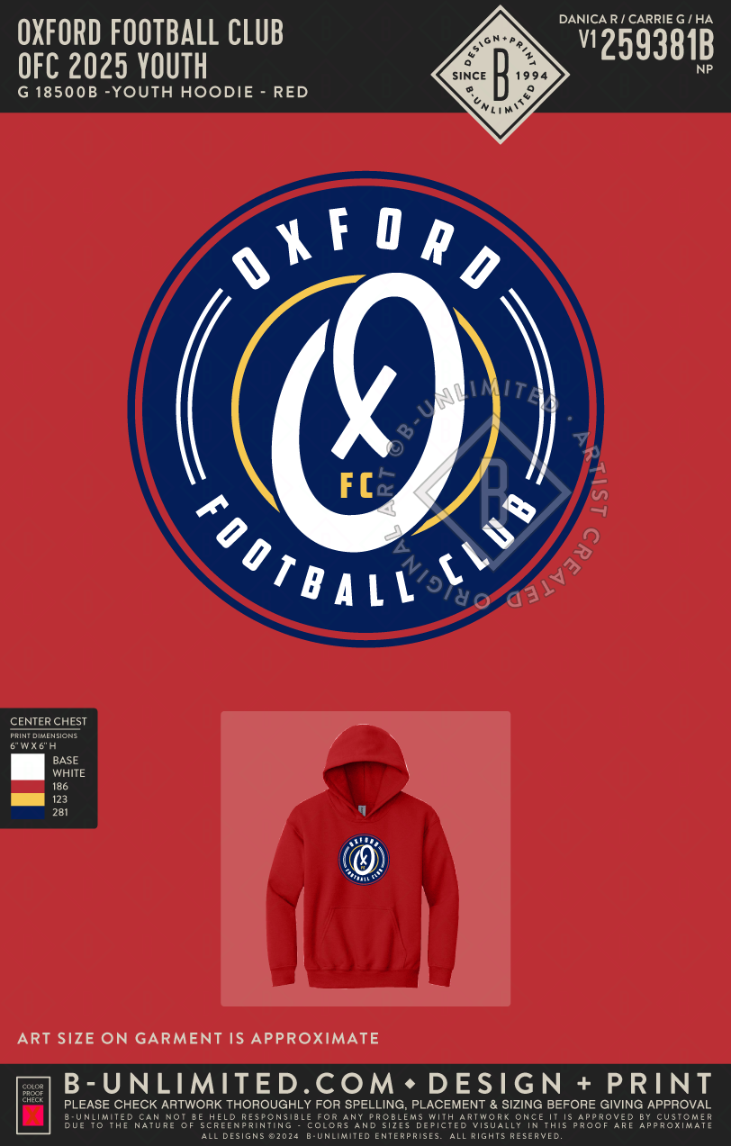 Oxford Football Club - OFC 2025 YOUTH - Gildan - 18500B - Youth Hoodie - Red