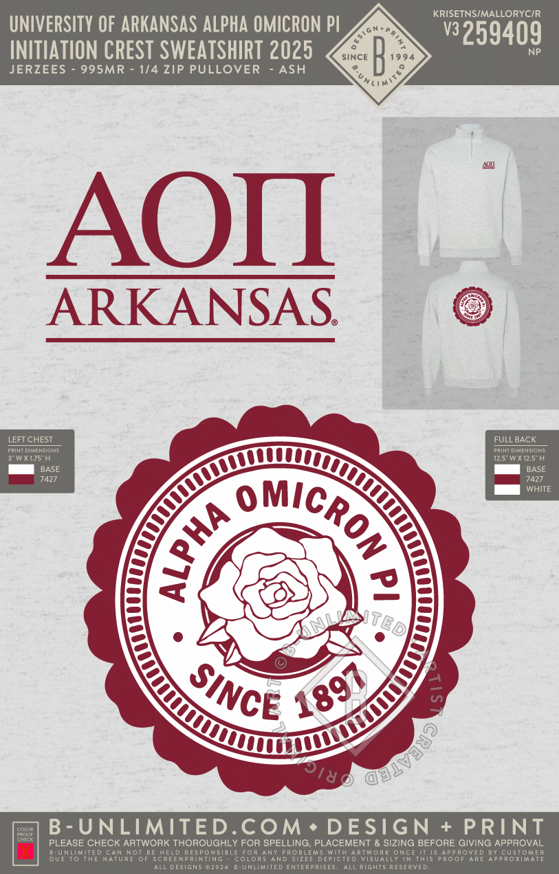 University of Arkansas Alpha Omicron Pi - Initiation Crest Sweatshirt 2025 - Jerzees - 995MR - 1/4 Zip Pullover - Ash