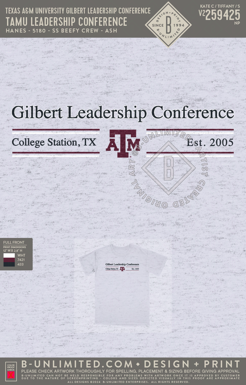 Texas A&M University Gilbert Leadership Conference - TAMU Leadership Conference - Hanes - 5180 - SS Beefy Crew - Ash
