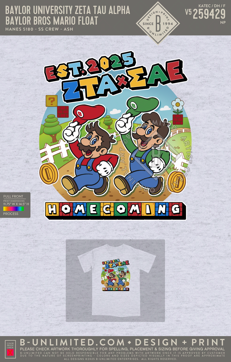 Baylor University Zeta Tau Alpha - Baylor Bros Mario Float - Hanes - 5180 - SS Beefy Crew - Ash