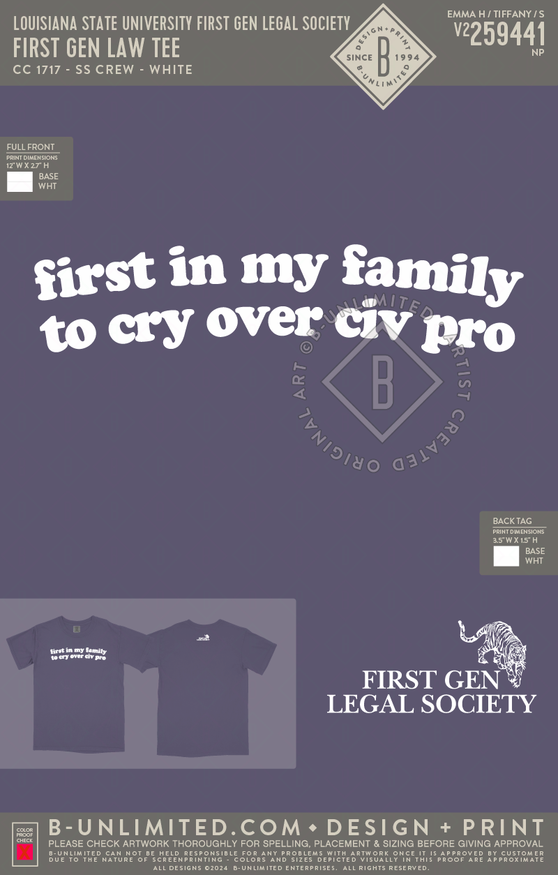 Louisiana State University First Gen Legal Society - First Gen Law Tee - CC - 1717 - SS Crew - Grape
