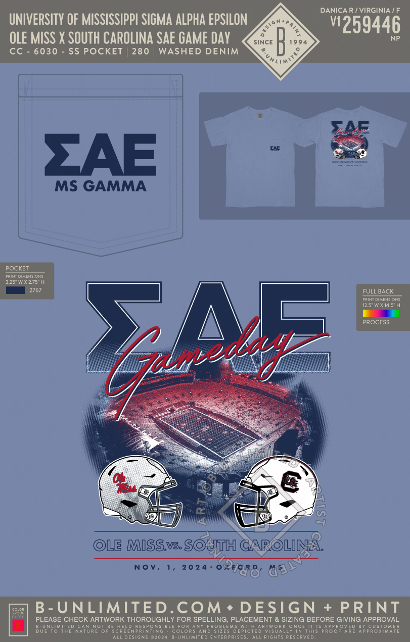 University of Mississippi Sigma Alpha Epsilon - Ole Miss x South Carolina SAE Game Day - CC - 6030 - SS Pocket - Washed Denim