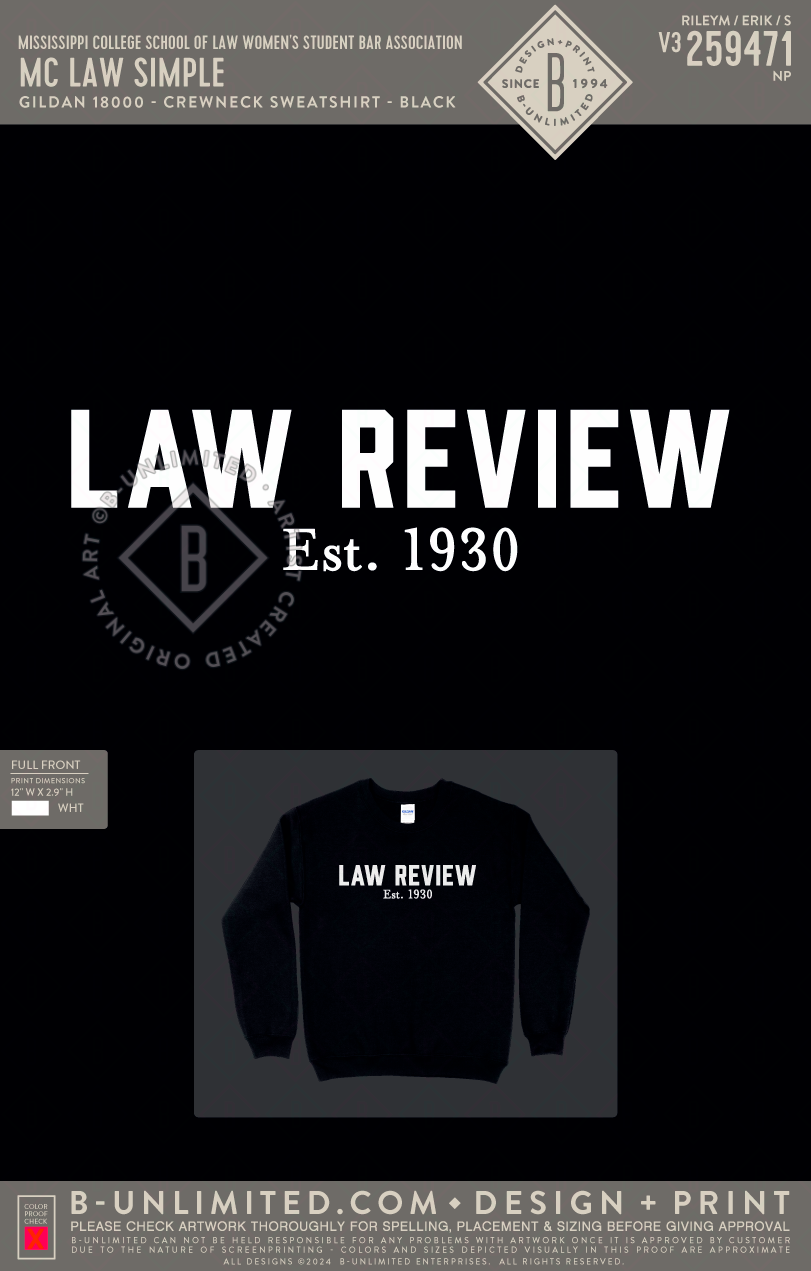 Mississippi College School of Law Women's Student Bar Association - MC Law Simple - Gildan - 18000 - Crewneck Sweatshirt - Black