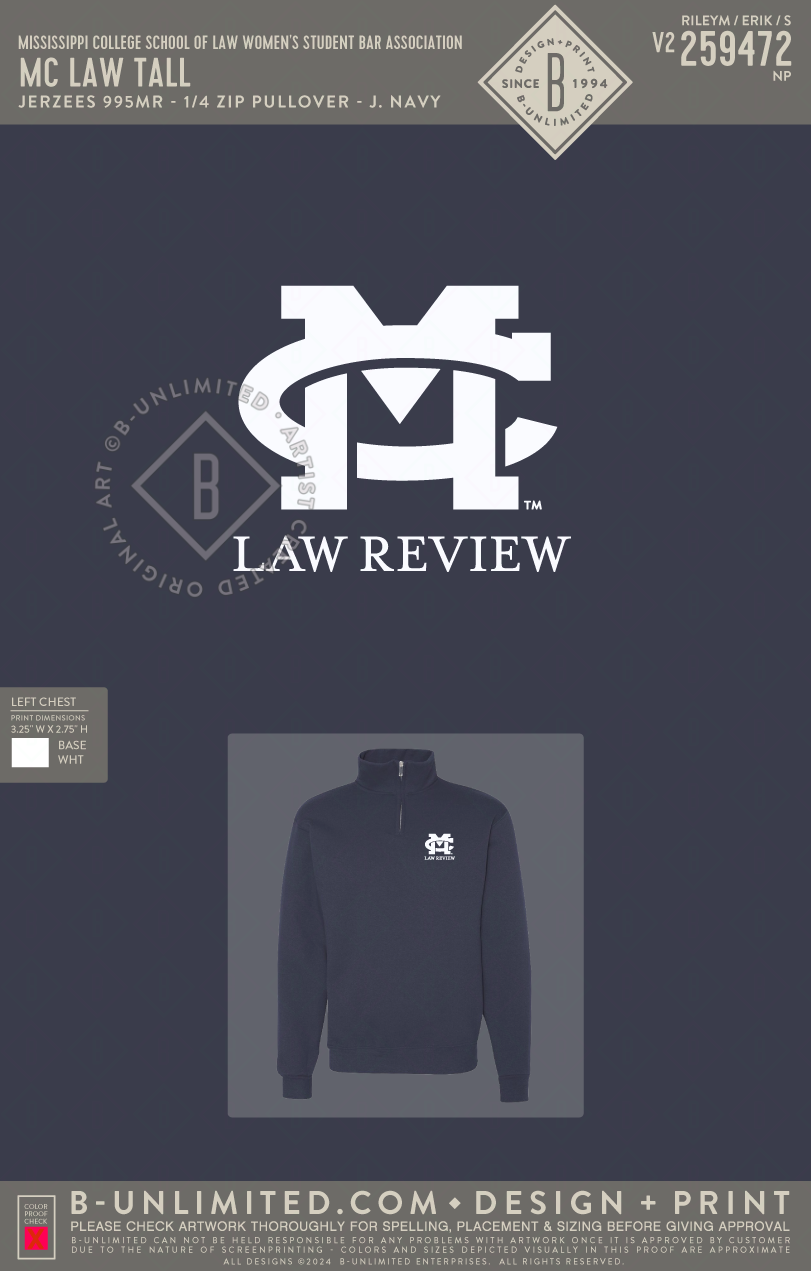 Mississippi College School of Law Women's Student Bar Association - MC Law Tall - Jerzees - 995MR - 1/4 Zip Pullover - J. Navy