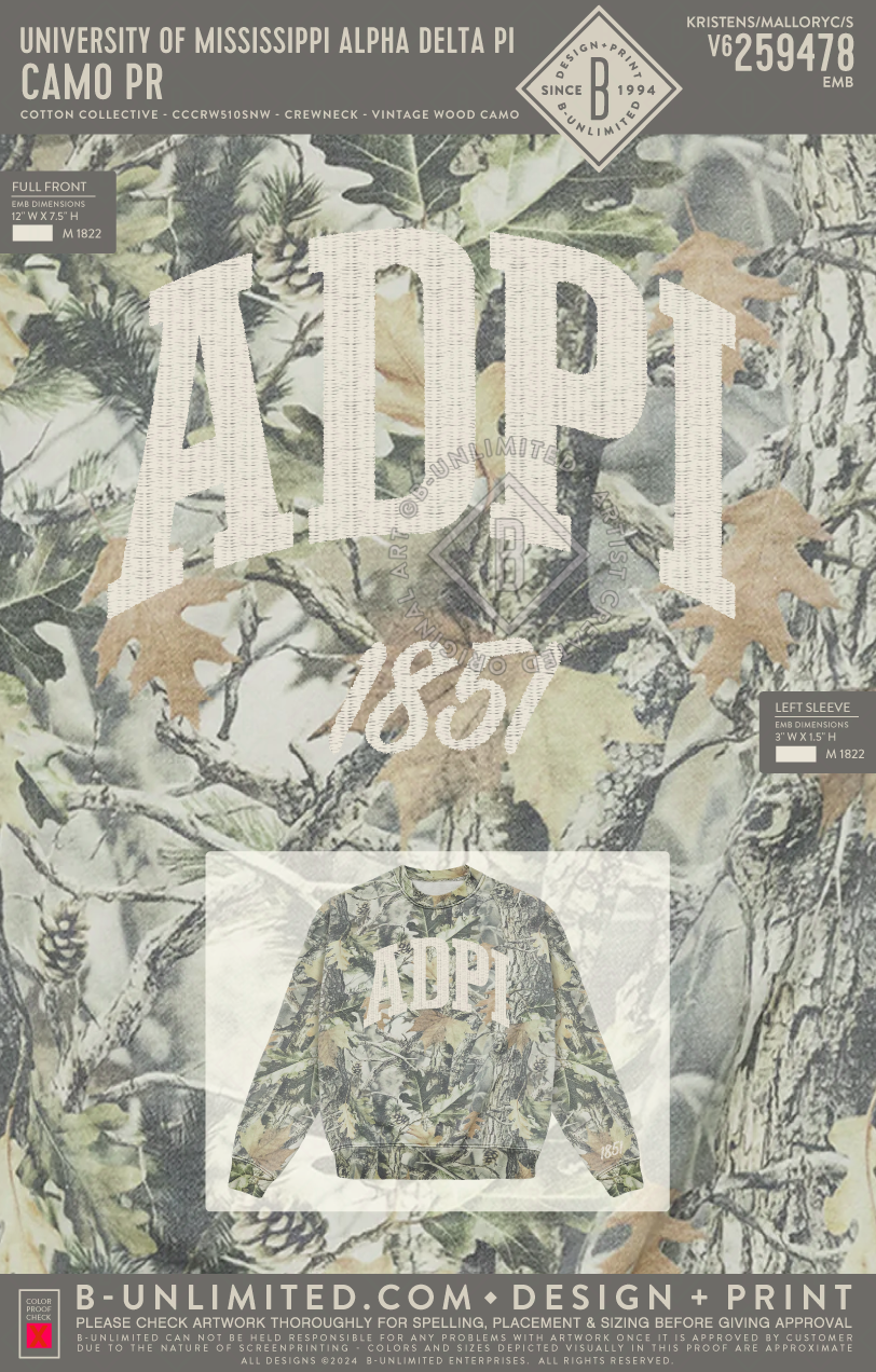 University of Mississippi Alpha Delta Pi - Camo PR - Cotton Collective - CCCRW510SNW - Crewneck - Vintage Wood Camo