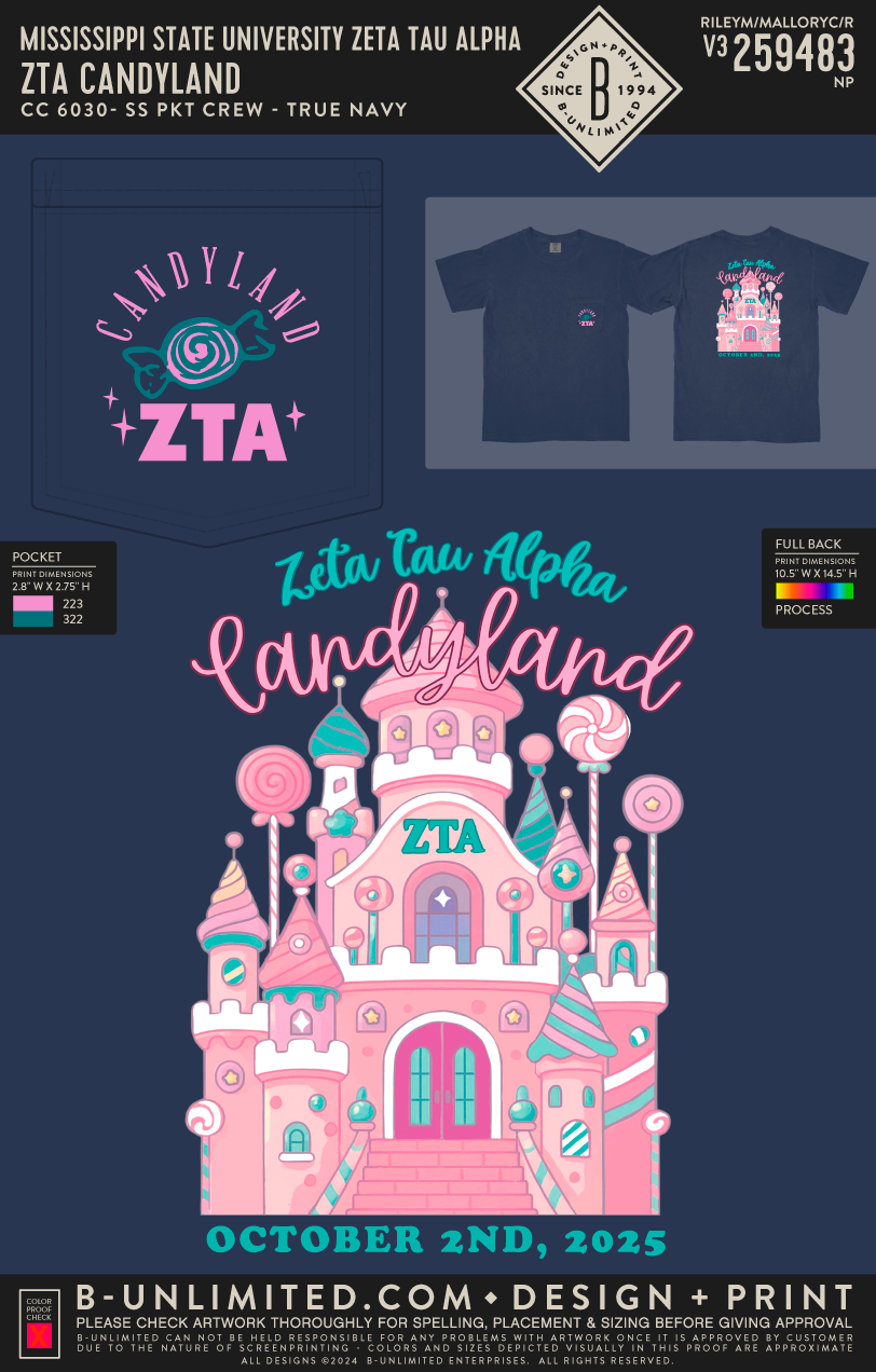 Mississippi State University Zeta Tau Alpha - ZTA Candyland - CC - 6030 - SS Pocket - True Navy