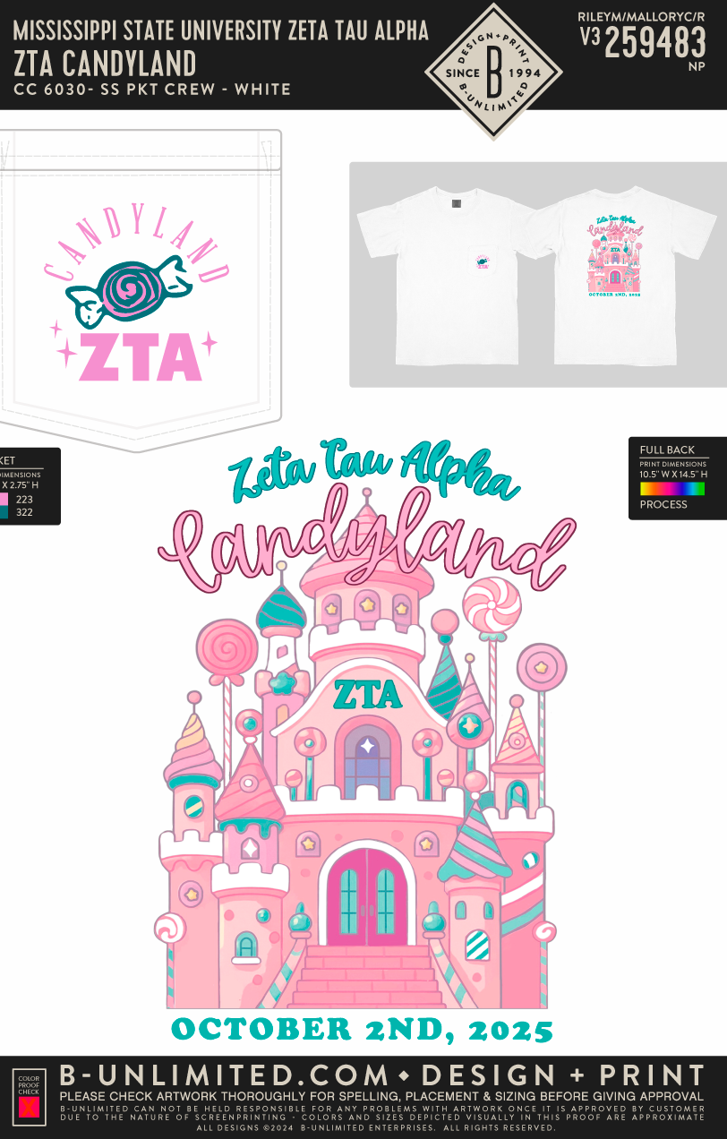 Mississippi State University Zeta Tau Alpha - ZTA Candyland - CC - 6030 - SS Pocket - White