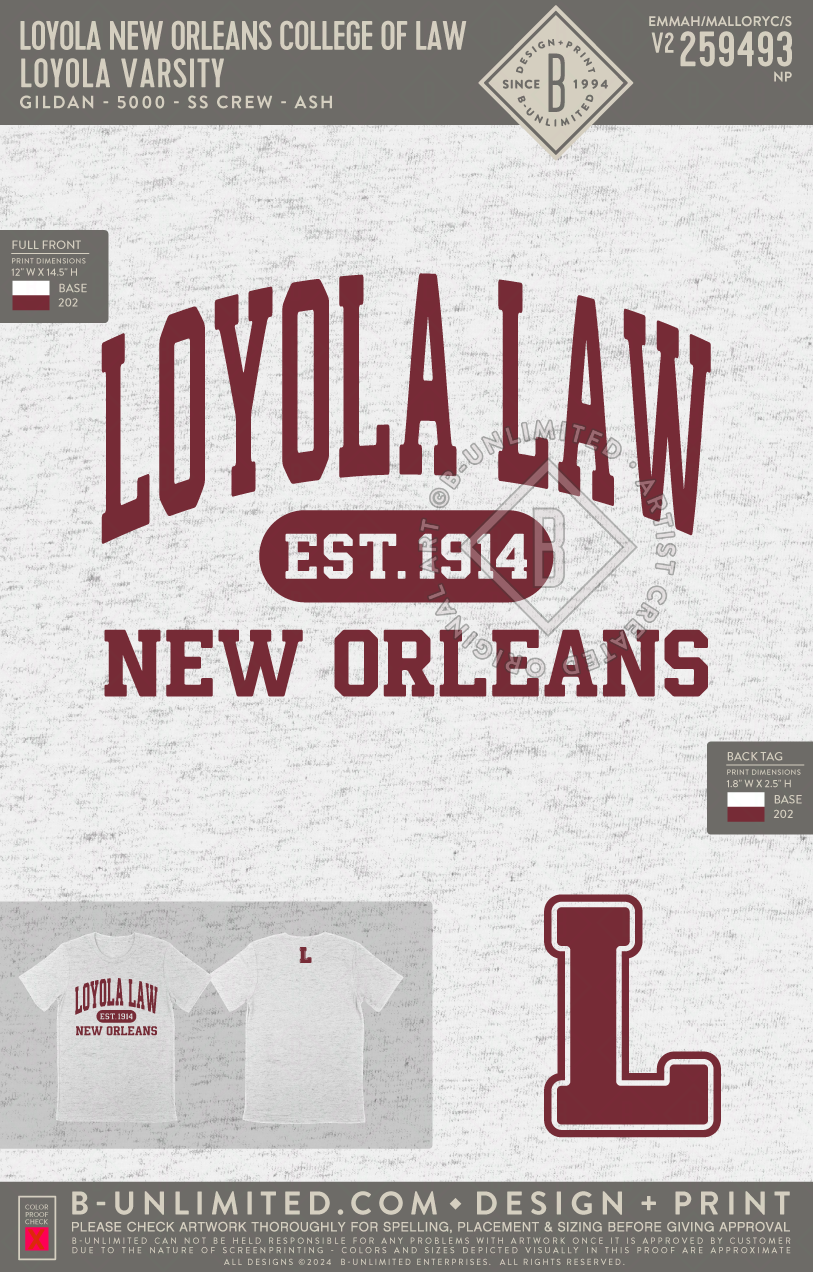 Loyola New Orleans College of Law - Loyola Varsity - Gildan - 5000 - SS Crew - Ash Grey