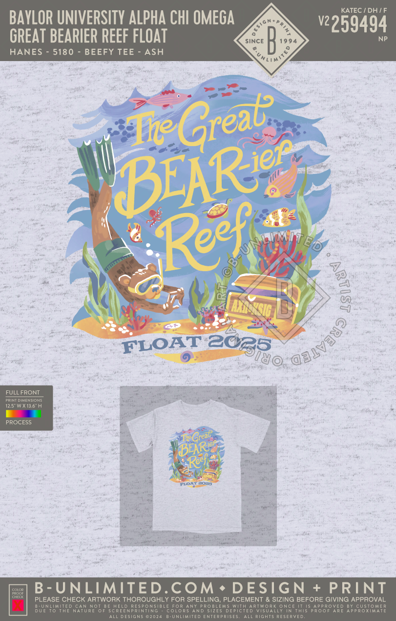 Baylor University Alpha Chi Omega - Great Bearier Reef Float - Hanes - 5180 - SS Beefy Crew - Ash