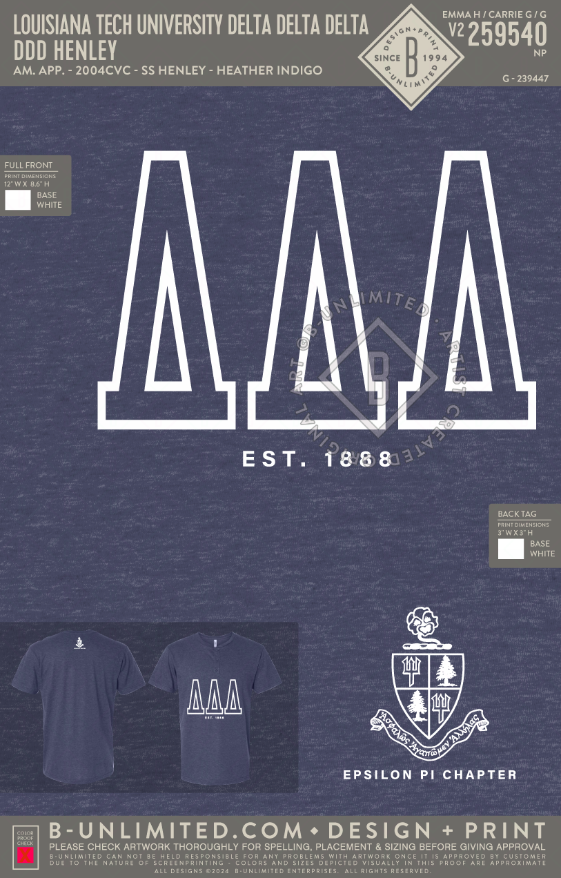 Louisiana Tech University Delta Delta Delta - DDD Henley - American Apparel - 2004CVC - Henley Tee - Heather Indigo