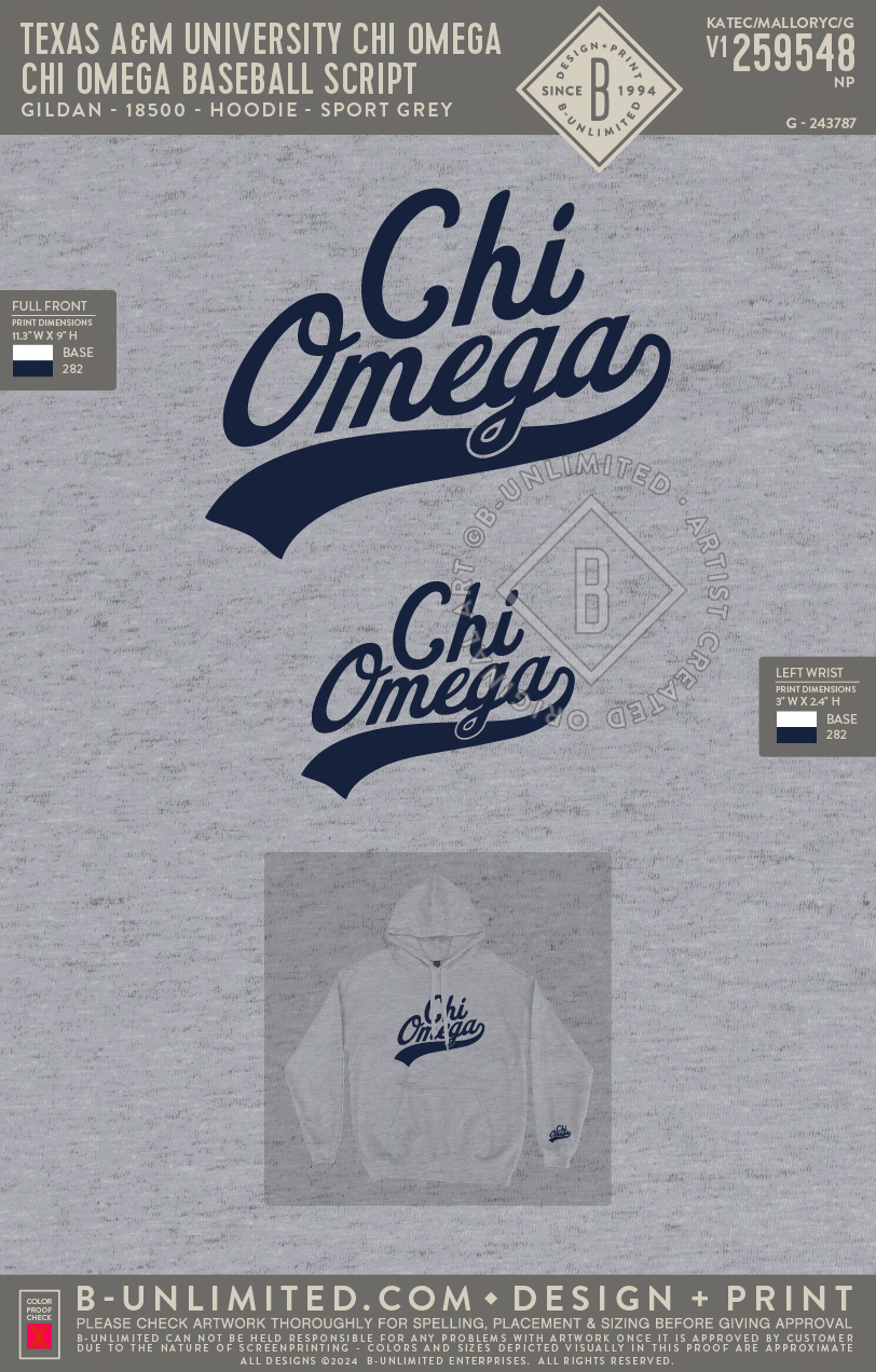 Texas A&M University Chi Omega - Chi Omega Baseball Script - Gildan - 18500 - Hoodie - Sport Grey