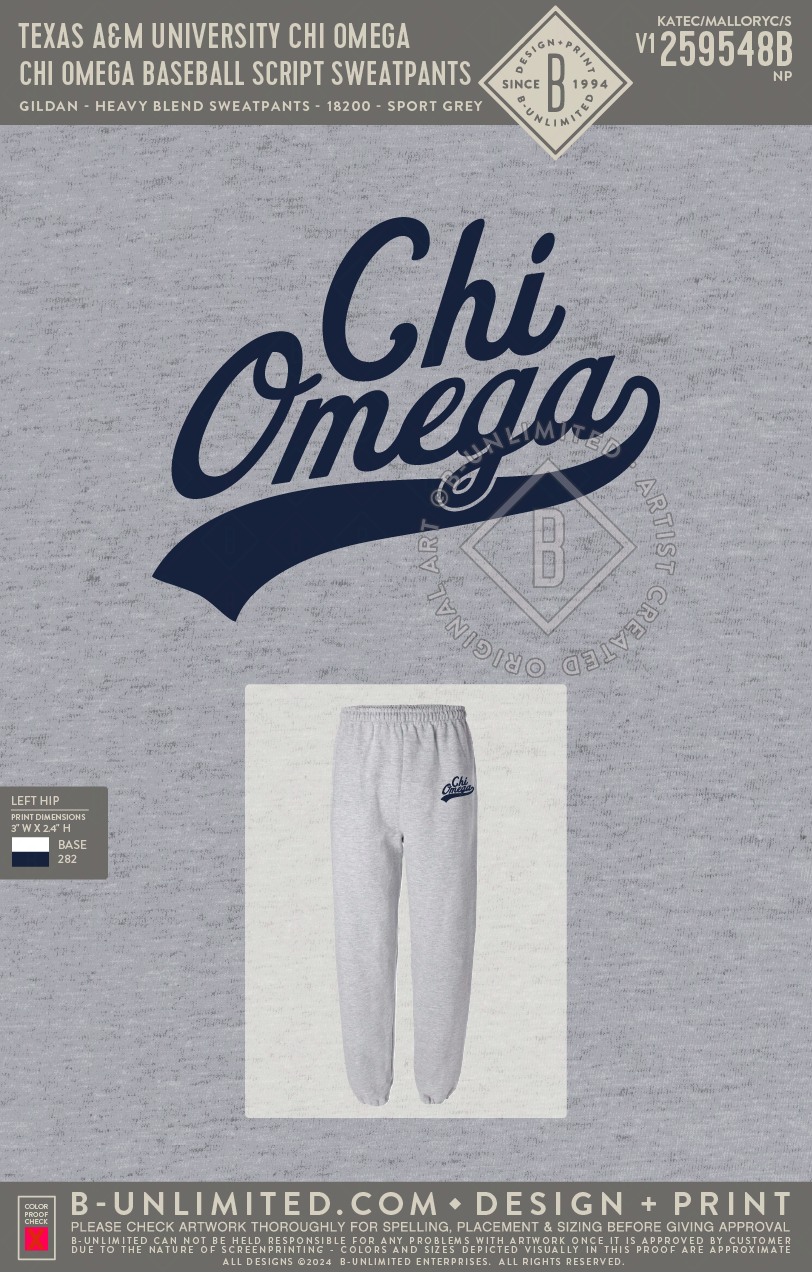 Texas A&M University Chi Omega - Chi Omega Baseball Script Sweatpants - Gildan - 18200 - Sweatpants - Sport Grey