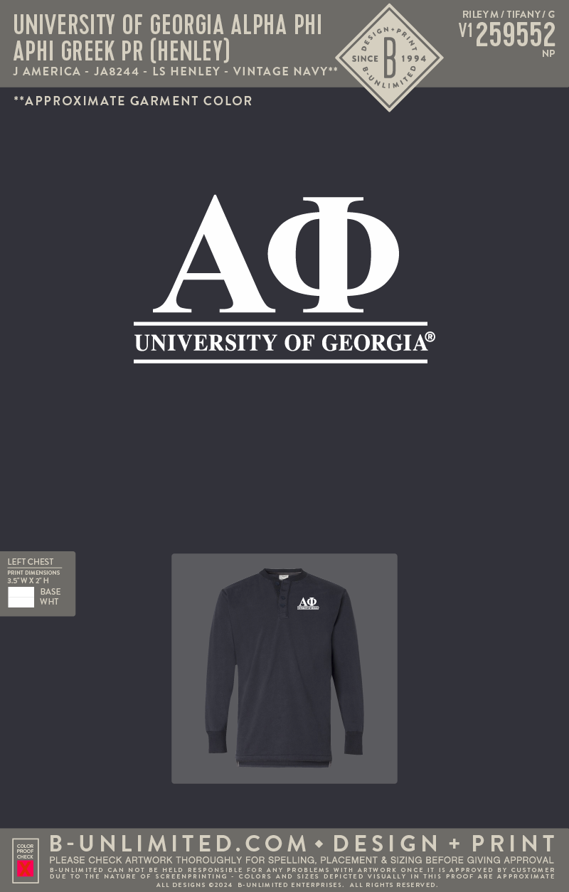 UGA APHI - APHI Greek PR (henley) - J America - JA8244 - LS Henley - Vintage Navy