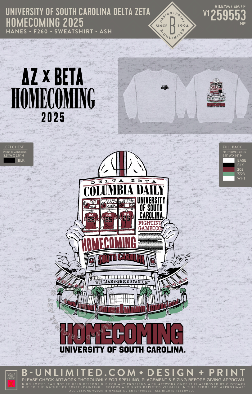 University of South Carolina Delta Zeta - Homecoming 2025 - Hanes - F260 - Sweatshirt - Ash