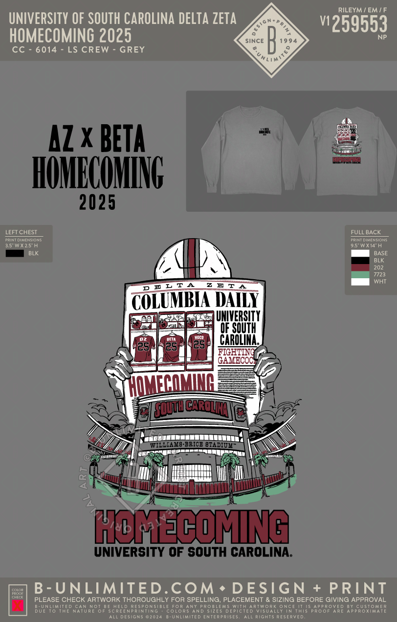 University of South Carolina Delta Zeta - Homecoming 2025 - CC - 6014 - LS Crew - Grey