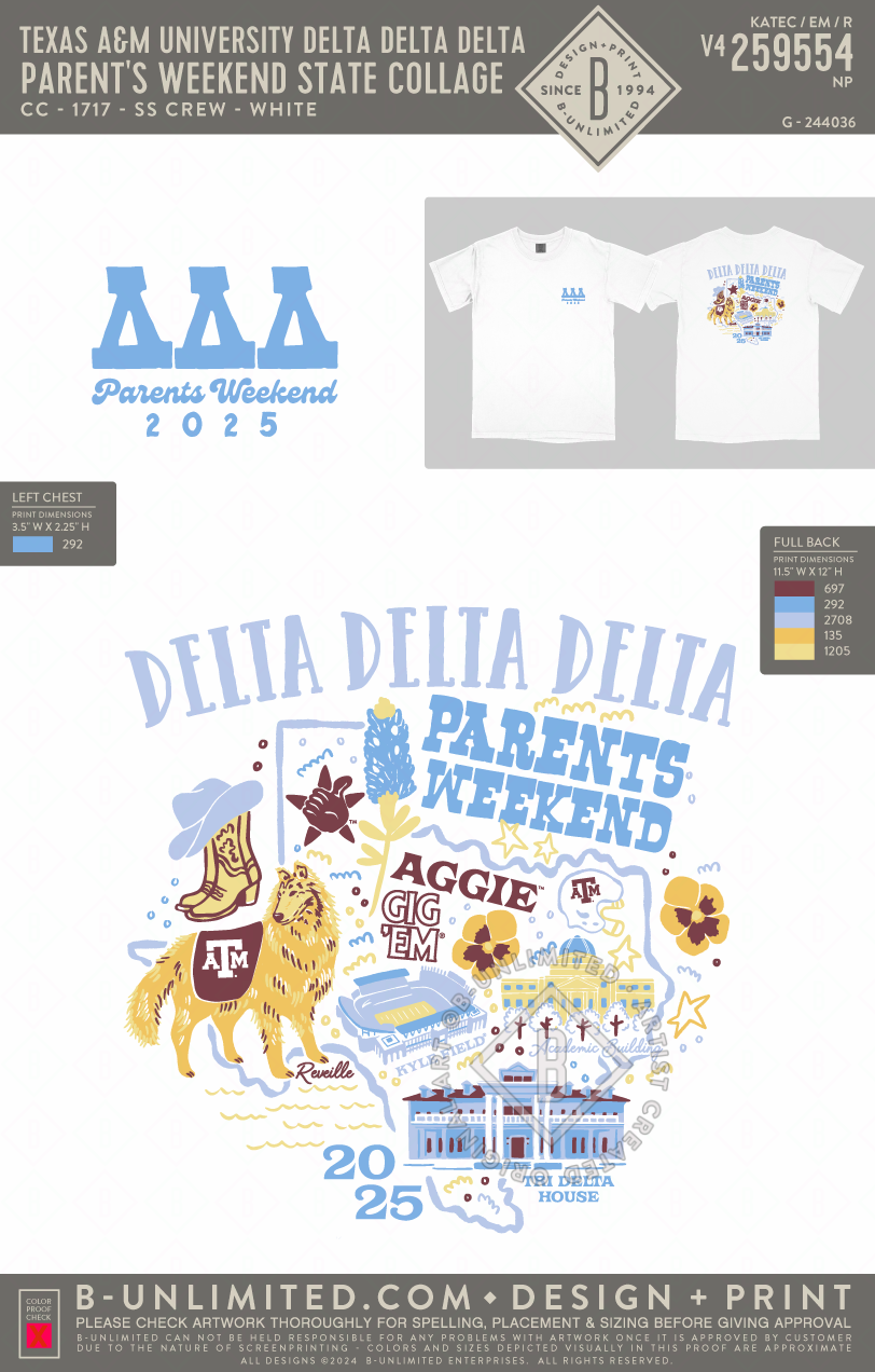 Texas A&M University Delta Delta Delta - Parent's Weekend State Collage - CC - 1717 - SS Crew - White