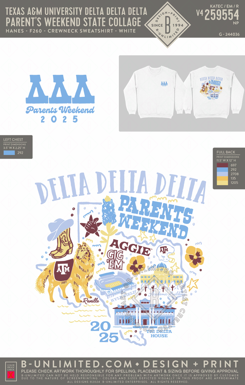 Texas A&M University Delta Delta Delta - Parent's Weekend State Collage - Hanes - F260 - Sweatshirt - White