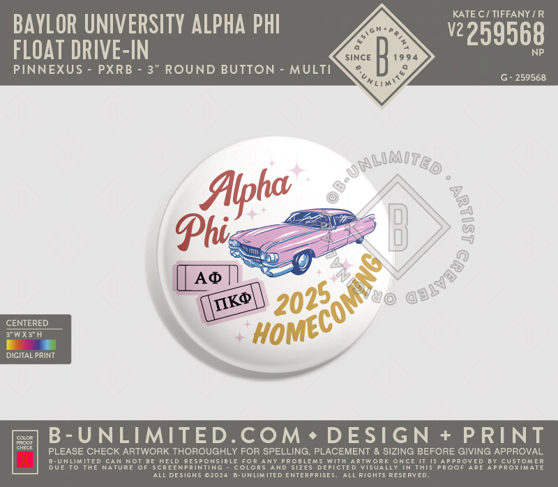 Baylor University Alpha Phi - Float Drive-In Button - PinNexus - PXRB - 3" Round Button - Multi