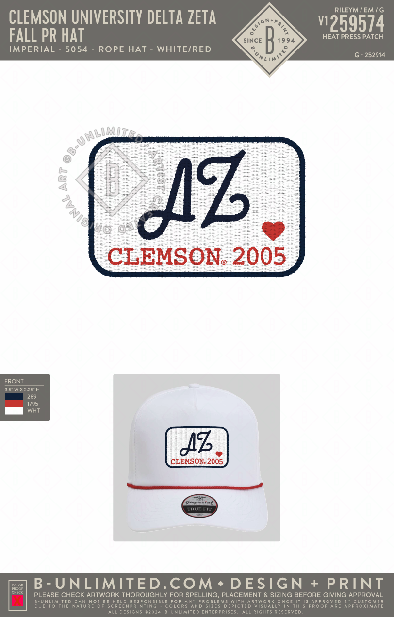 Clemson University Delta Zeta - FALL PR HAT - Imperial - 5054 - Rope Hat - White/Red