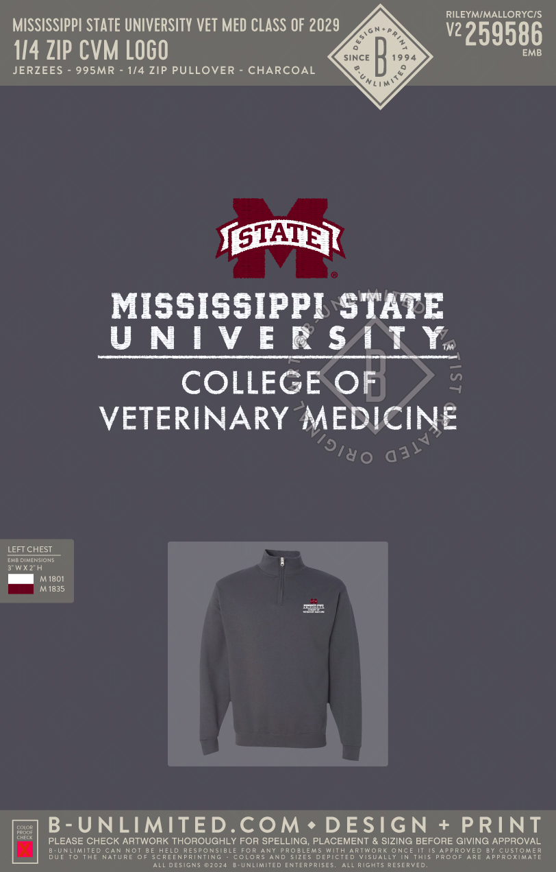 Mississippi State University College of Veterinary Medicine Class of 2029 - 1/4 Zip CVM Logo - Jerzees - 995MR - 1/4 Zip Pullover - Charcoal Grey