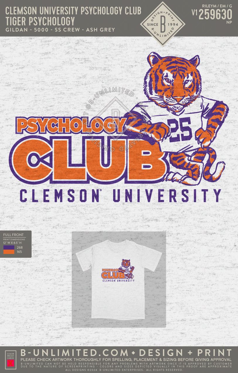 Clemson University Psychology Club - Tiger Psychology - Gildan - 5000 - SS Crew - Ash Grey