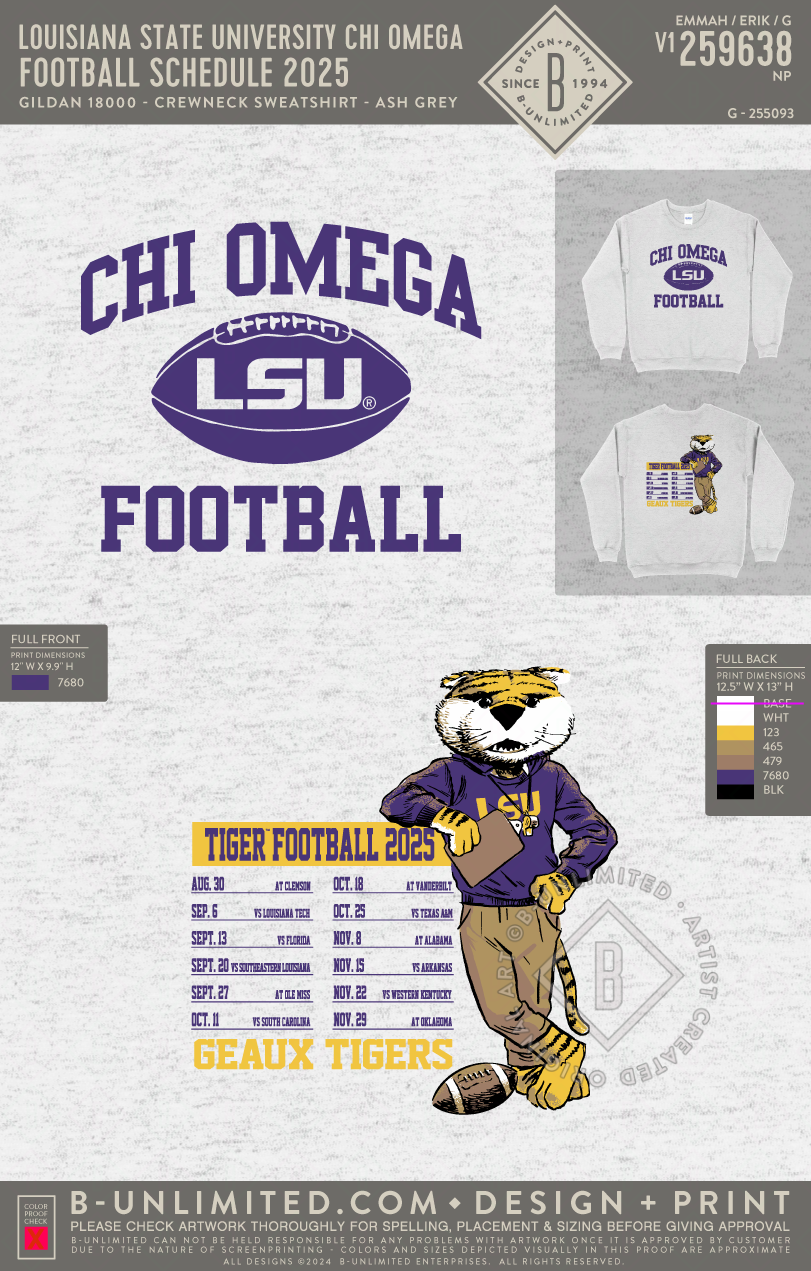 Louisiana State University Chi Omega - Football Schedule 2025 - Gildan - 18000 - Crewneck Sweatshirt - Ash Grey