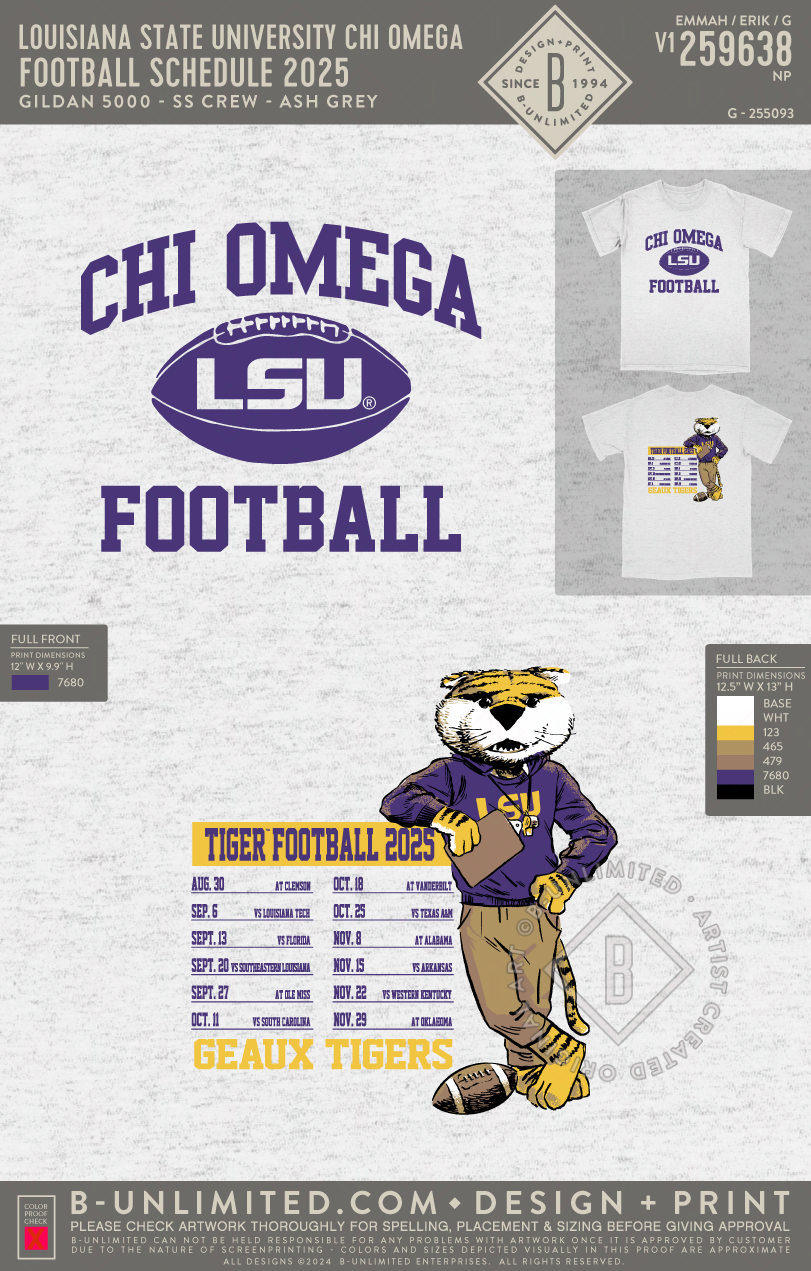 Louisiana State University Chi Omega - Football Schedule 2025 - Gildan - 5000 - SS Crew - Ash Grey