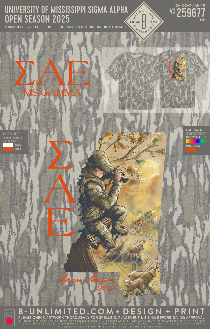 University of Mississippi Sigma Alpha Epsilon - Open Season 2025 - Mossy Oak - 990044 - Short Sleeve Tri-Blend - Washed Out Orginal Bottonland