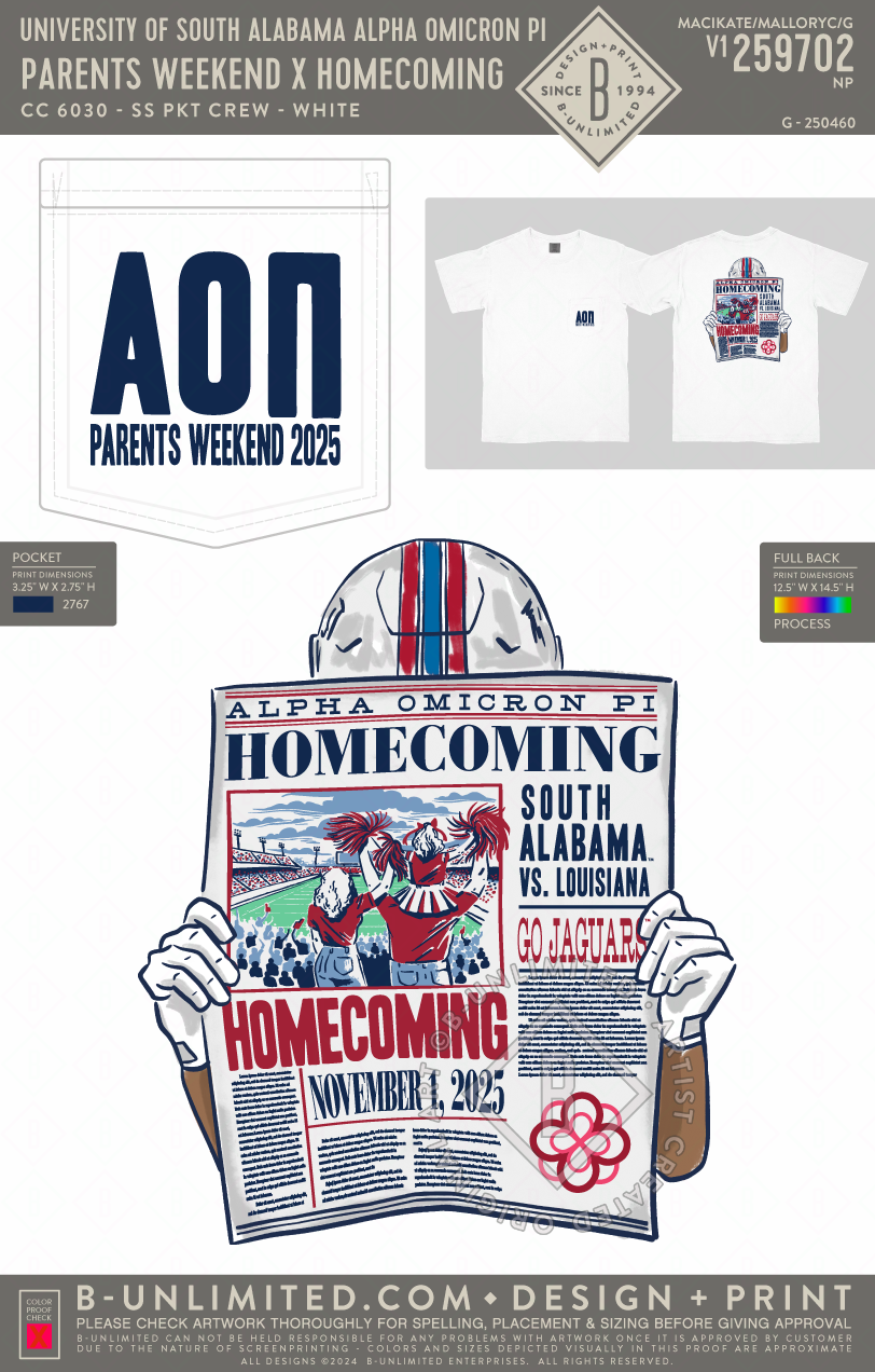 University of South Alabama Alpha Omicron Pi - Parents Weekend X Homecoming - CC - 6030 - SS Pocket - White