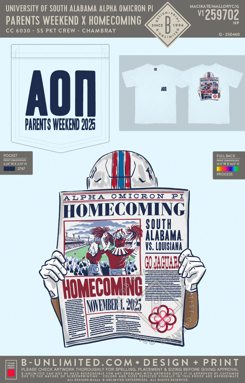 University of South Alabama Alpha Omicron Pi - Parents Weekend X Homecoming - CC - 6030 - SS Pocket - Chambray