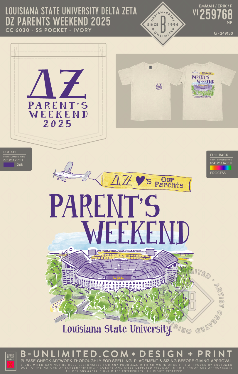 Louisiana State University Delta Zeta - DZ Parents Weekend 2025 - CC - 6030 - SS Pocket - Ivory