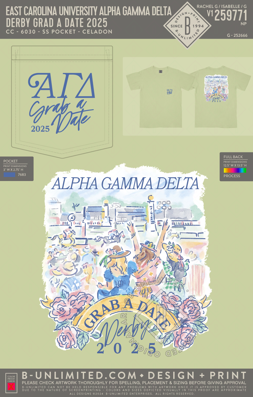 East Carolina University Alpha Gamma Delta - Derby Grad a Date 2025 - CC - 6030 - SS Pocket - Celadon