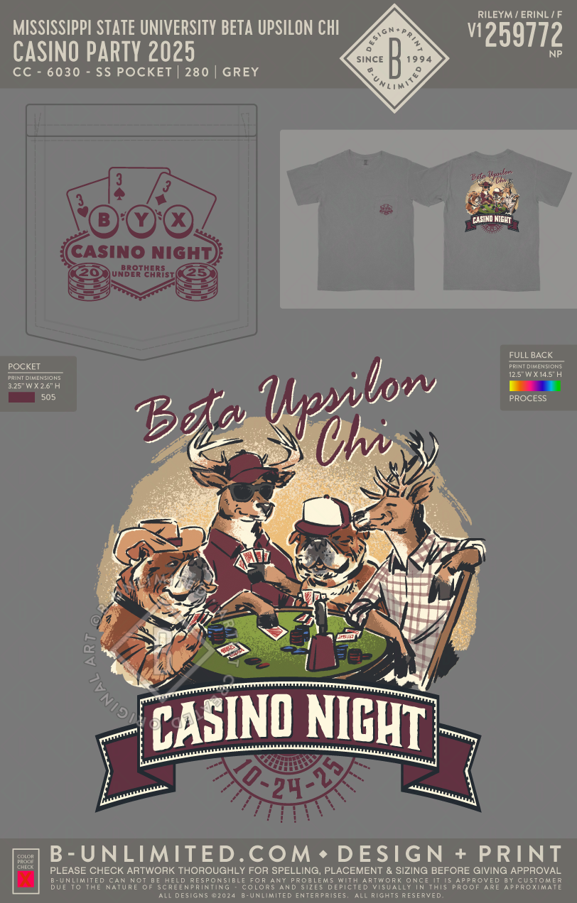 Mississippi State University Beta Upsilon Chi - Casino Party 2025(EOY25) - CC - 6030 - SS Pocket - Grey
