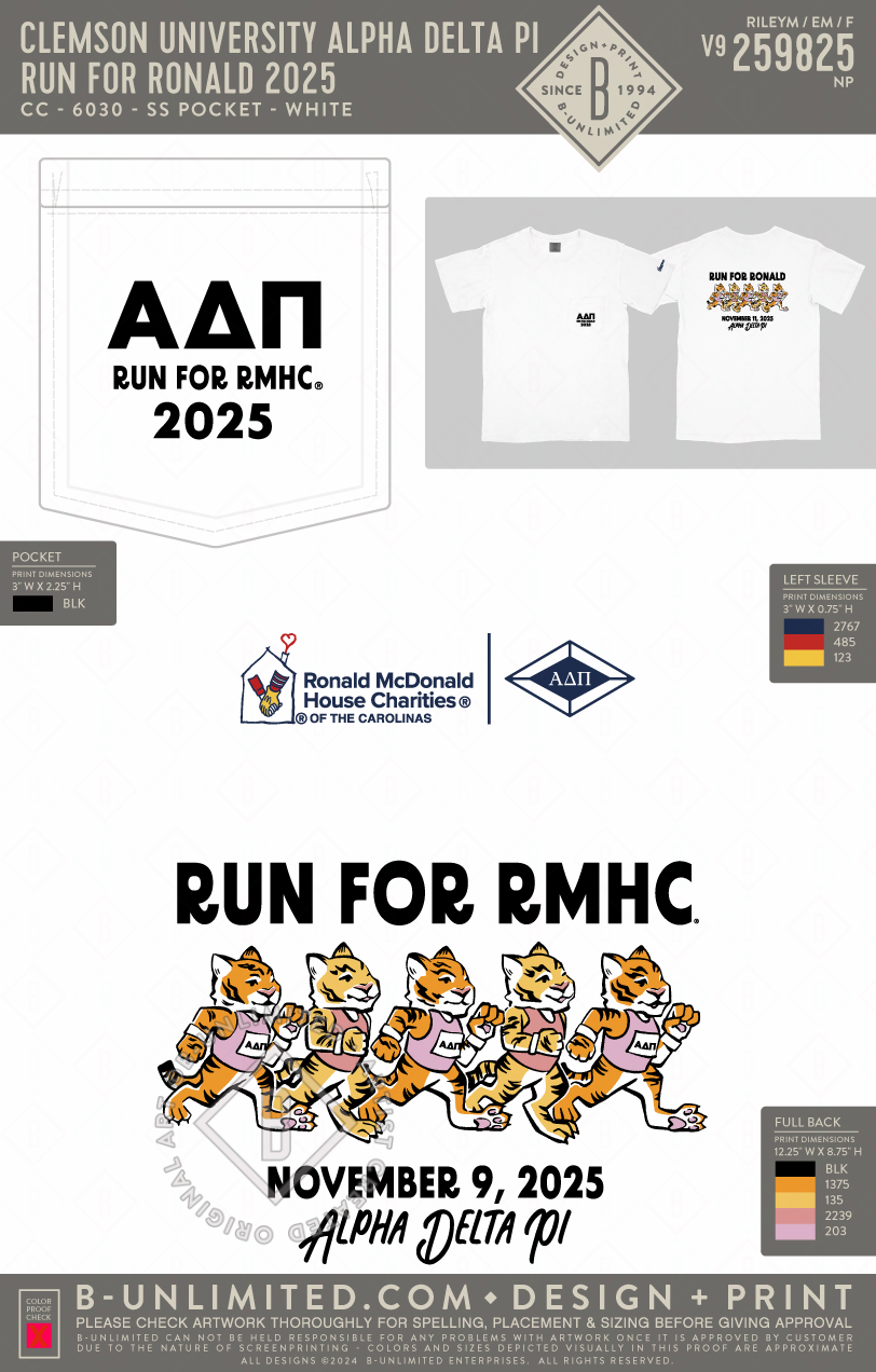 Clemson University Alpha Delta Pi - Run for Ronald 2025 - CC - 6030 - SS Pocket - White