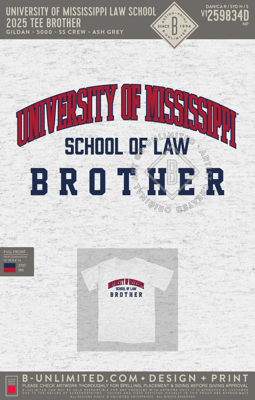 University of Mississippi Law School - 2025 Tee Brother - Gildan - 5000 - SS Crew - Ash Grey