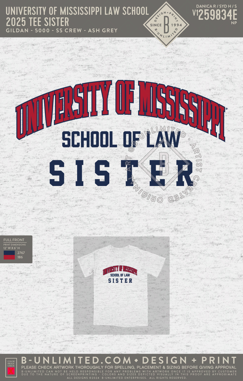 University of Mississippi Law School - 2025 Tee Sister - Gildan - 5000 - SS Crew - Ash Grey