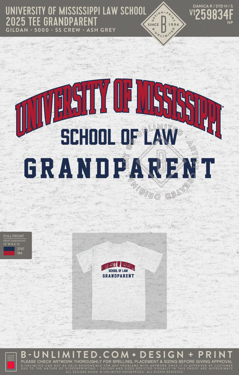 University of Mississippi Law School - 2025 Tee Grandparent - Gildan - 5000 - SS Crew - Ash Grey