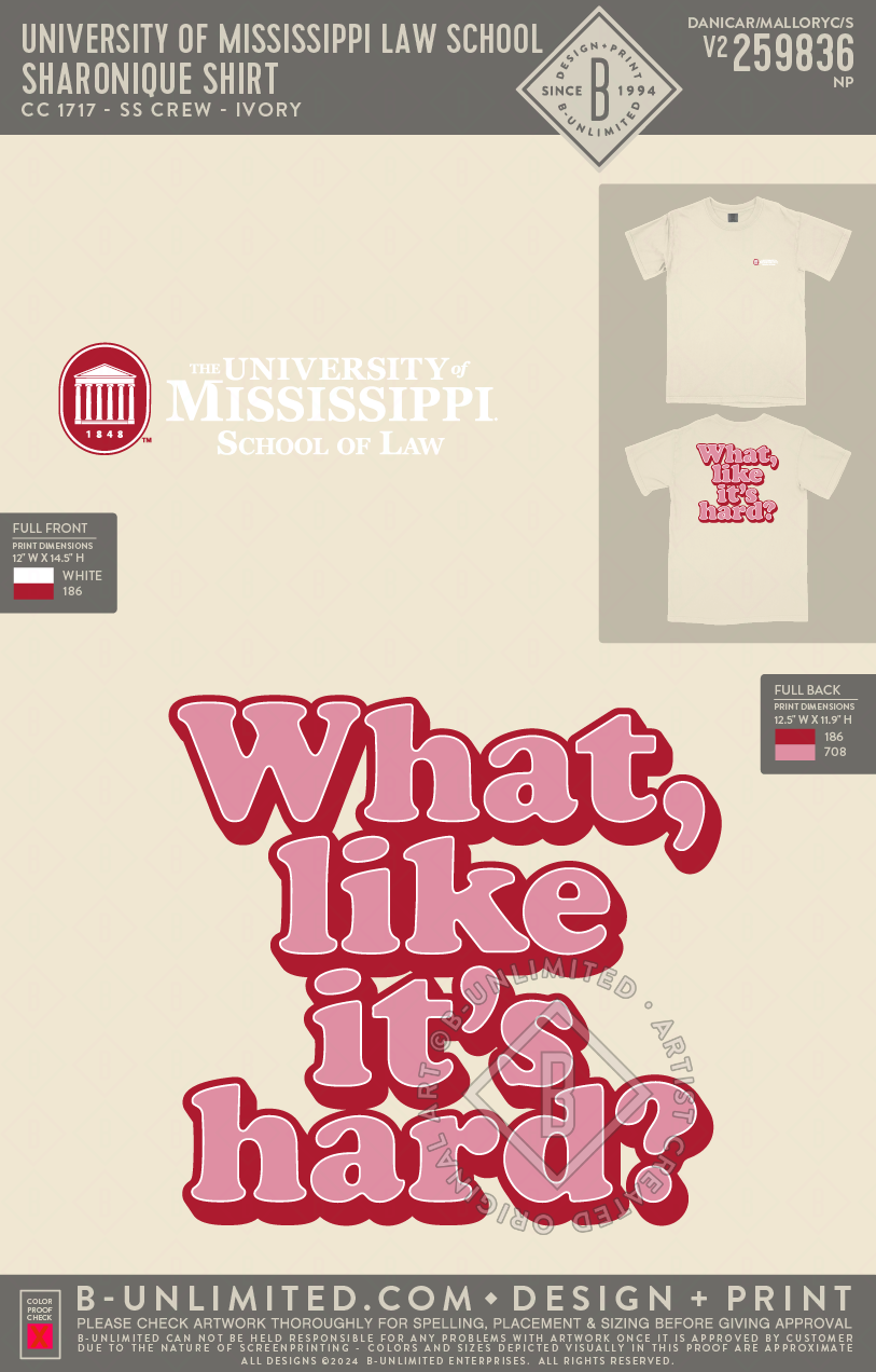 University of Mississippi Law School - Sharonique Shirt - CC - 1717 - SS Crew - Ivory