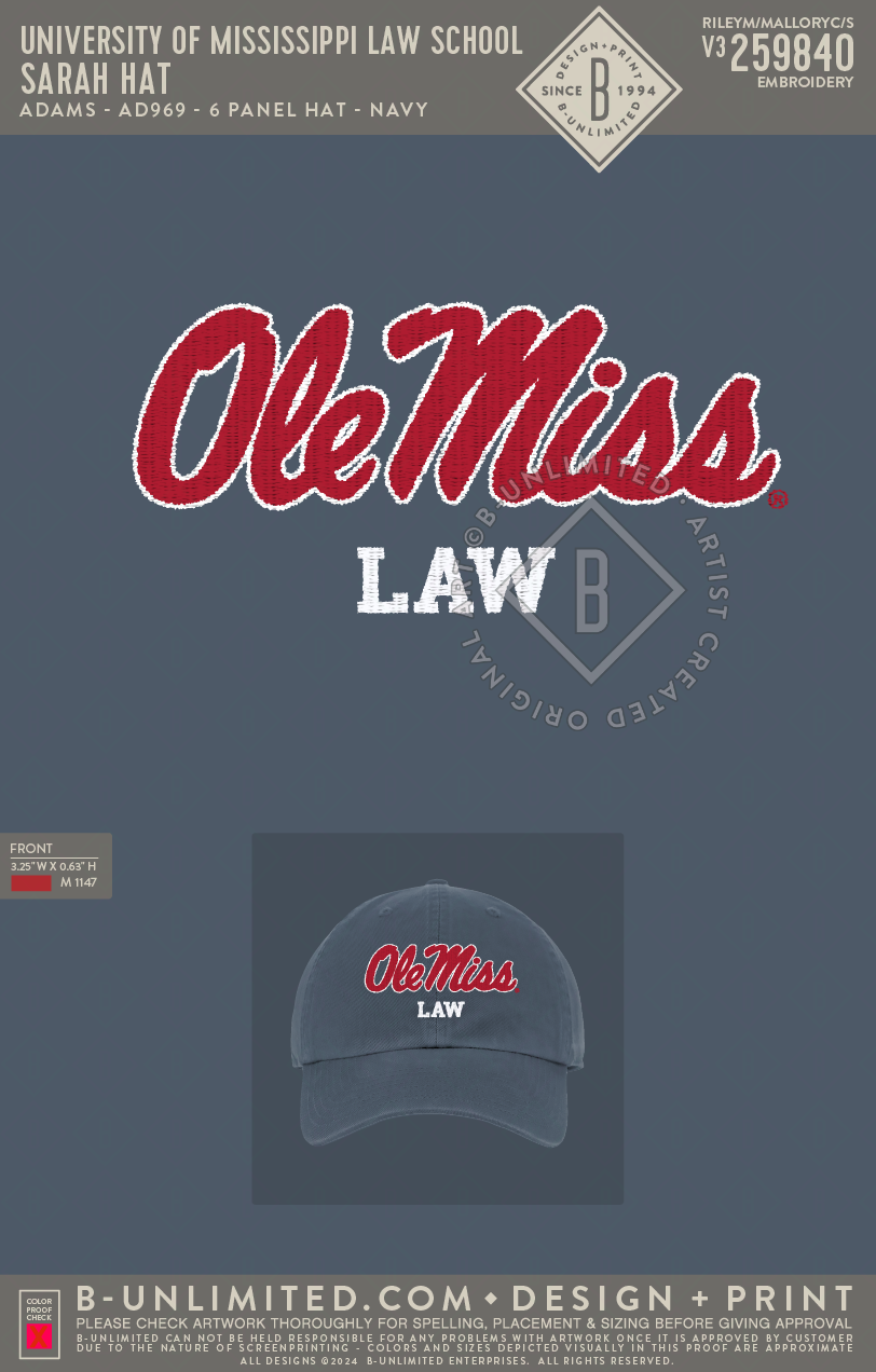 University of Mississippi Law School - Sarah Hat - Adams - AD969 - Hat - Navy