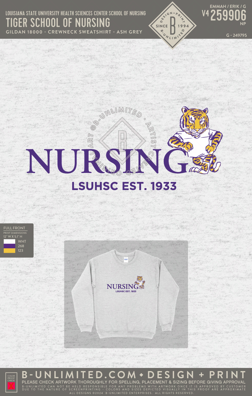 Louisiana State University Health Sciences Center School of Nursing - Tiger School of Nursing - Gildan - 18000 - Crewneck Sweatshirt - Ash Grey
