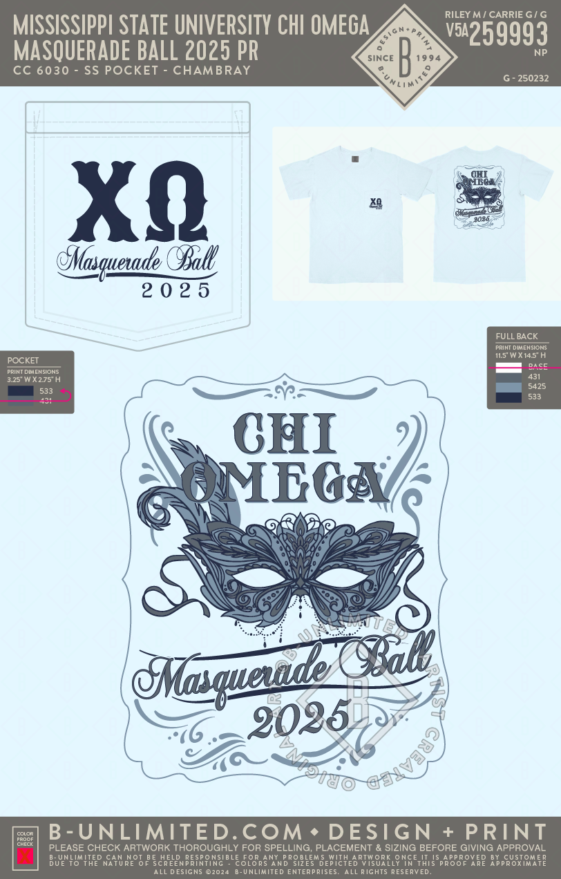 Mississippi State University Chi Omega - Masquerade Ball - CC - 6030 - SS Pocket - Chambray
