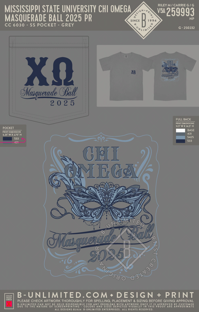 Mississippi State University Chi Omega - Masquerade Ball - CC - 6030 - SS Pocket - Grey