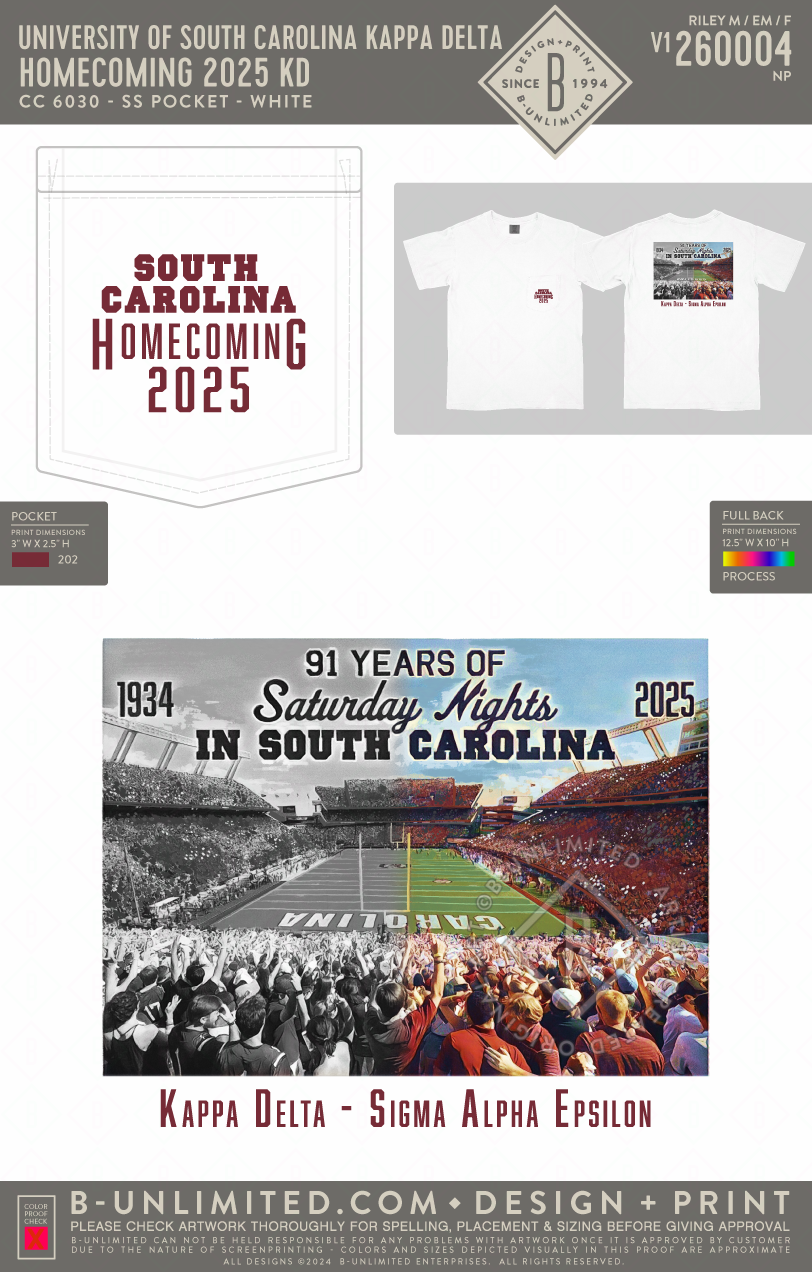 University of South Carolina Kappa Delta - Homecoming 2025 KD - CC - 6030 - SS Pocket - White