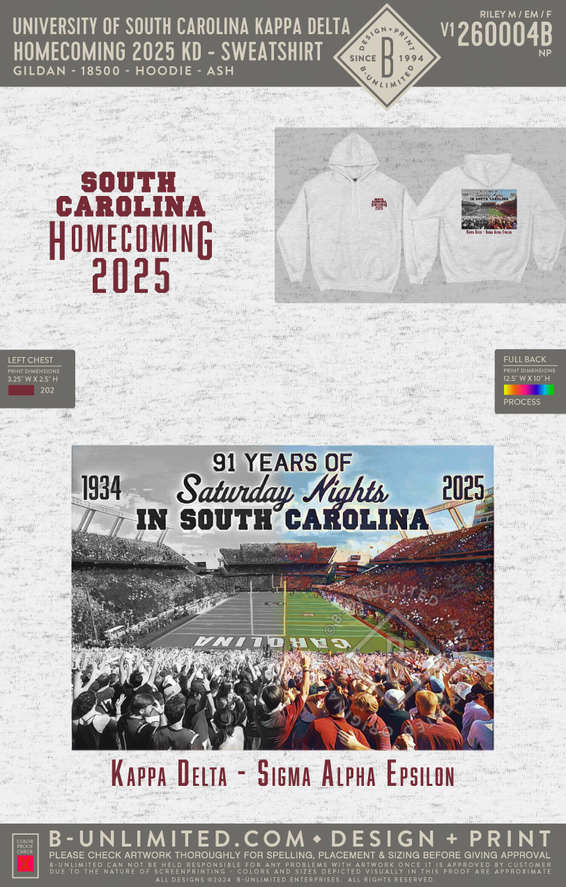 University of South Carolina Kappa Delta - Homecoming 2025 KD - Sweatshirt - Gildan - 18500 - Hoodie - Ash Grey