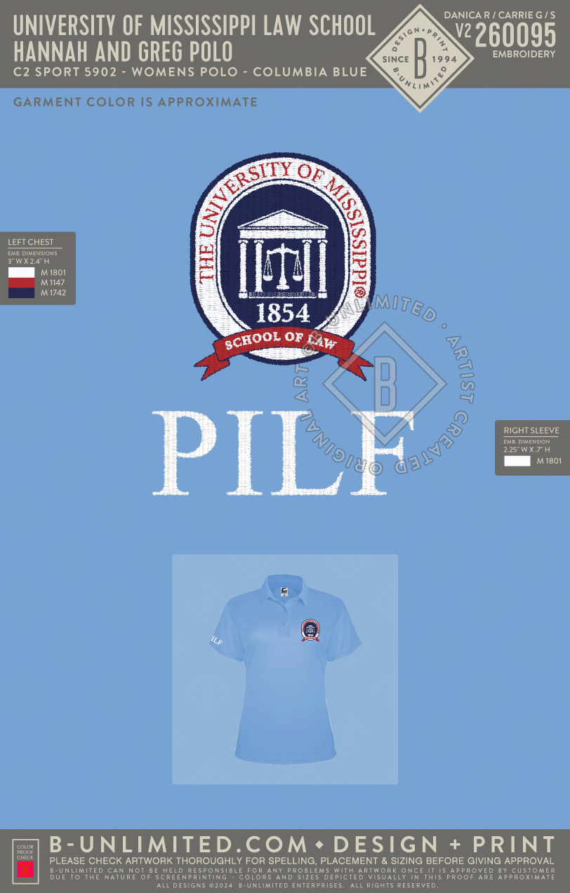 University of Mississippi Law School - Hannah Polo - C2 Sport - 5902 - Womens Polo - Columbia Blue